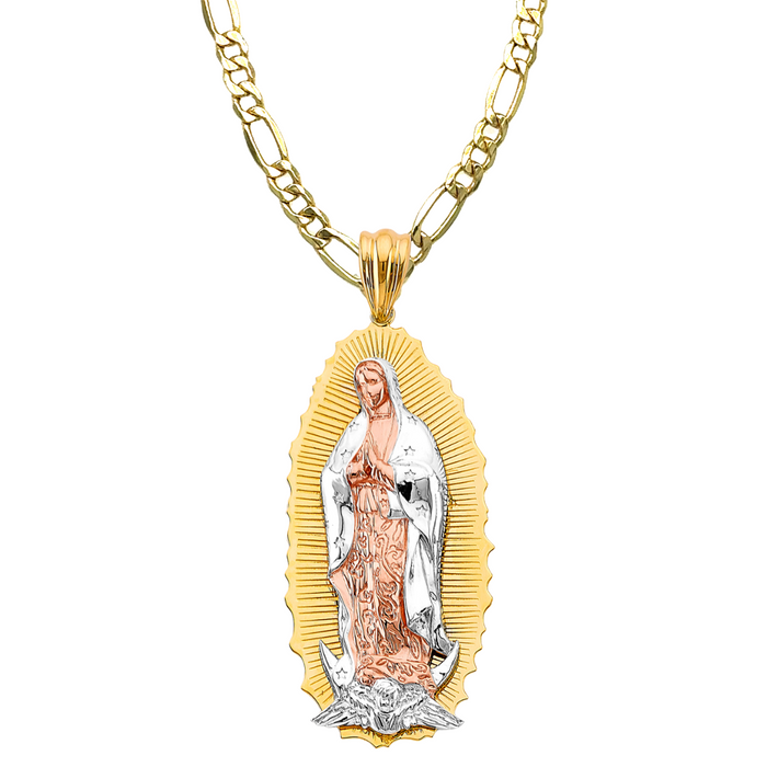 14k Gold Virgin Mary Necklace - XLarge Tri Tone Full Body Virgin Mary Gold Pendant - Solid Chain - LE3176