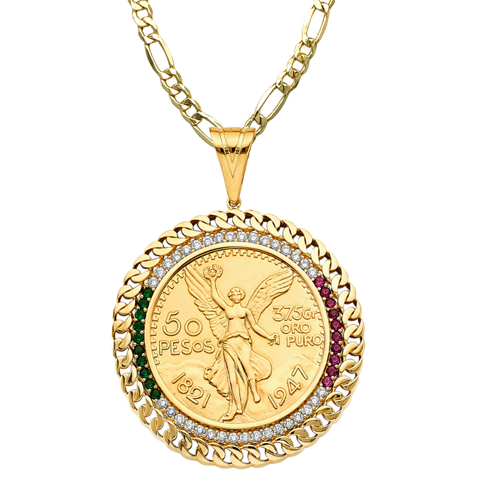14k Gold Centenario De Oro Necklace - Red White Green Gemstones Cuban Link Bezel - Solid Figaro Chain - LE2757