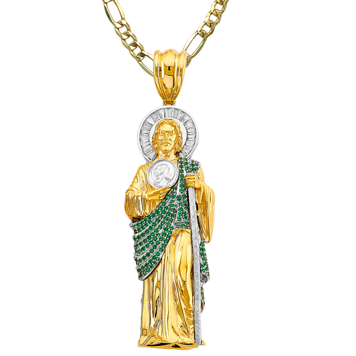 14k Gold San Judas Chain - XXLarge 3D Full Body Green Gemstone Gold San Judas Pendant - Solid Chain - LE3169