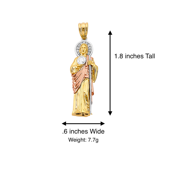 14k Gold San Judas Chain - Tri Tone 3D Full Body Gemstone Halo San Judas Pendant - Solid Chain - PT3162