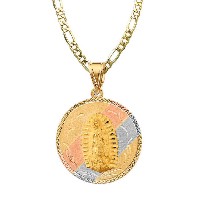 14k Gold Virgin Mary Necklace - XLarge Tri Tone Double Sided Virgin Mary Sacred Heart Gold Pendant - Solid Chain - LE2805