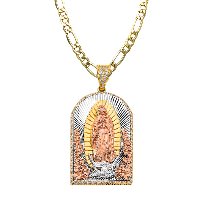 14k Gold Virgin Mary Necklace - Large Tri Tone Gemstone Altar Virgin Mary Gold Pendant - Solid Chain - LE3186