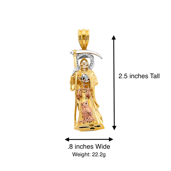14k Gold Santa Muerte Necklace - XLarge 3D Full Body Gemstone Halo Santa Muerte Gold Pendant - Solid Chain - LE3008