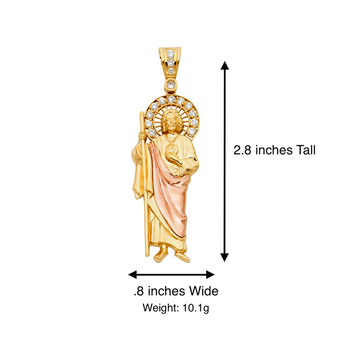 14k Gold San Judas Chain - Two Tone Gemstone Halo Gold San Judas Pendant - Solid Chain - LE1138