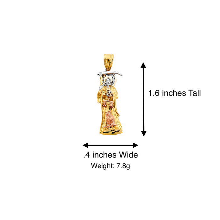 14k Gold Santa Muerte Necklace - 3D Full Body Gemstone Halo Santa Muerte Gold Pendant - Solid Chain - LE3010