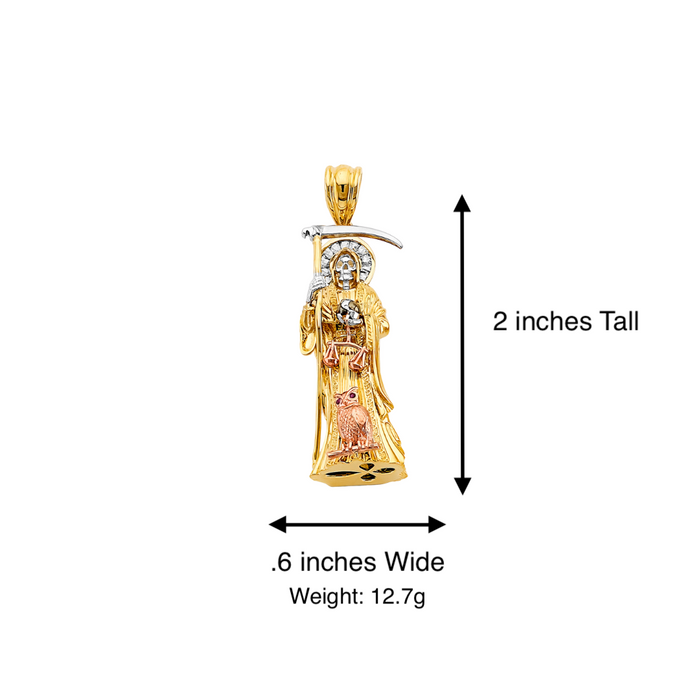 14k Gold Santa Muerte Necklace - Large 3D Full Body Gemstone Halo Santa Muerte Gold Pendant - Solid Chain - LE3009