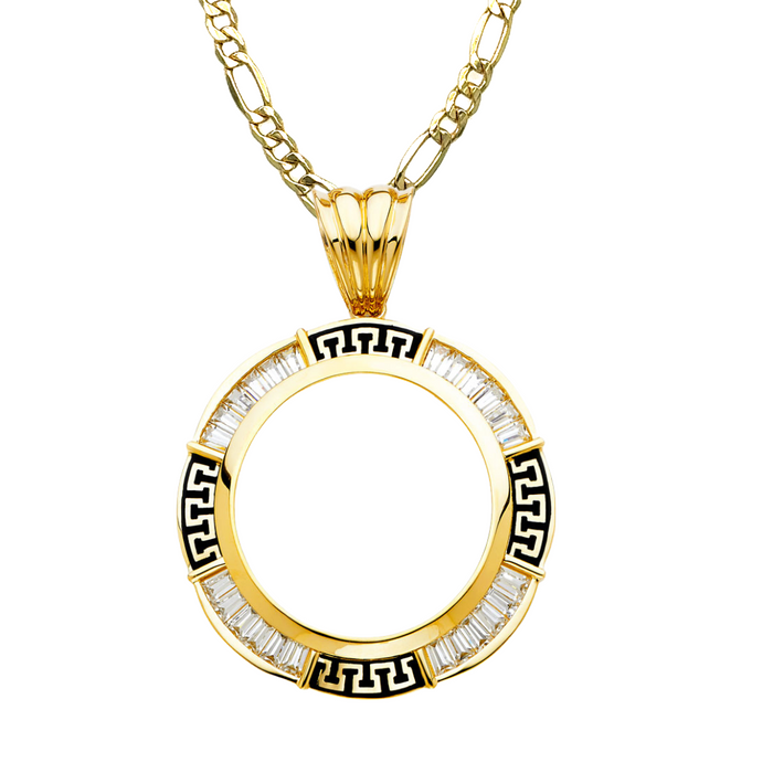 14k Gold Centenario De Oro Necklace - Baguette Gemstone Bezel - Solid Figaro Chain - LE2060