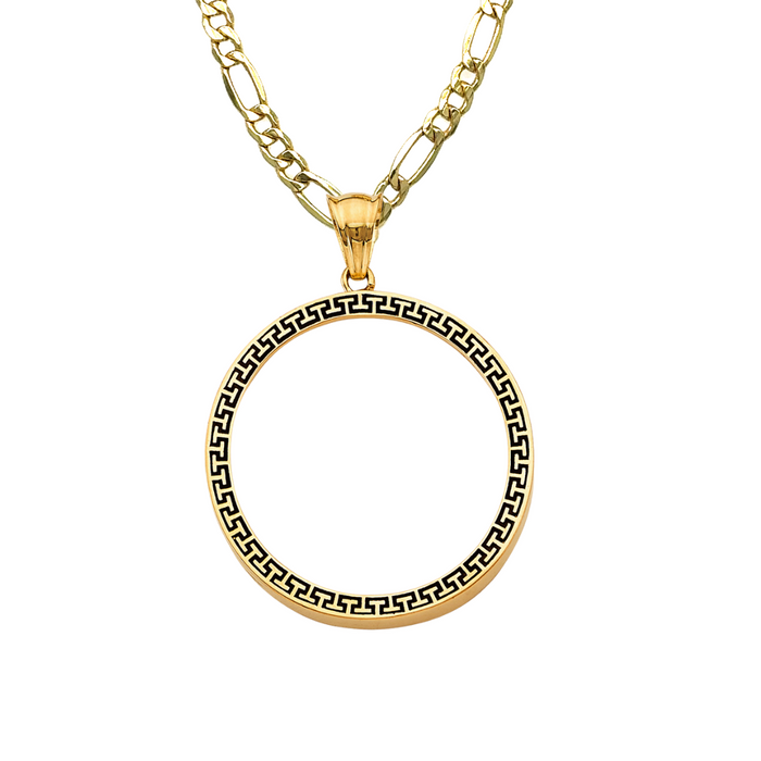 14k Gold Centenario De Oro Necklace - Black Enamel Greek Design Bezel - Solid Figaro Chain - LE2754