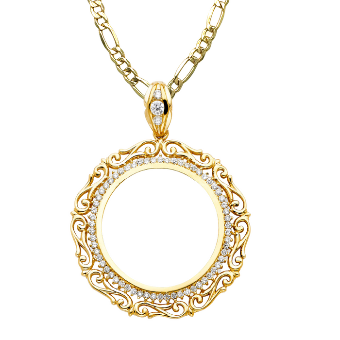 14k Gold Centenario De Oro Necklace - Fancy Gemstone Bezel - Solid Figaro Chain - LE2062