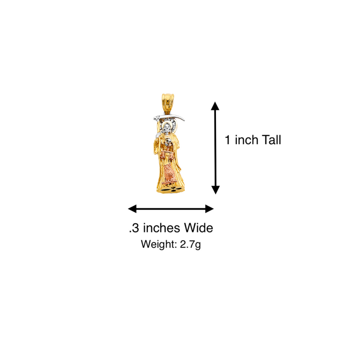 14k Gold Santa Muerte Necklace - Two Tone 3D Full Body Gemstone Santa Muerte Gold Pendant - Solid Chain - LE3233