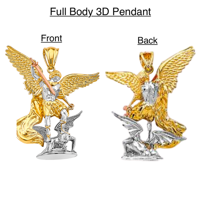 14k Gold Saint Michael Pendant - Tri Tone 3D Full Body Archangel Gold Pendant - Solid Chain - LE3173