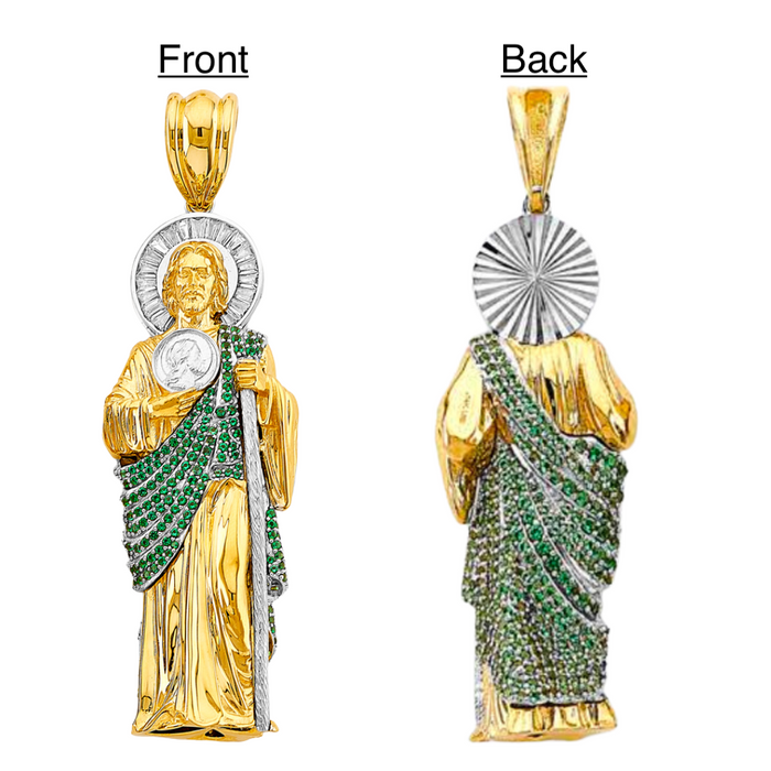 14k Gold San Judas Chain - XXLarge 3D Full Body Green Gemstone Gold San Judas Pendant - Solid Chain - LE3169
