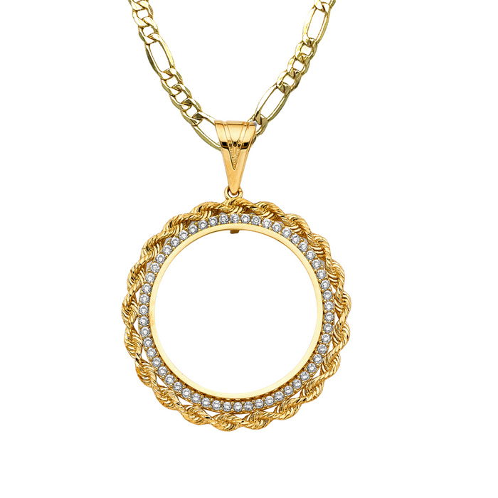 14k Gold Centenario De Oro Necklace - Rope Gemstone Design Bezel - Solid Figaro Chain - LE2755