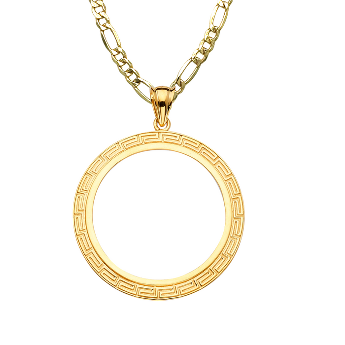 14k Gold Centenario De Oro Necklace - High Polish Greek Design Bezel - Solid Figaro Chain - LE2063