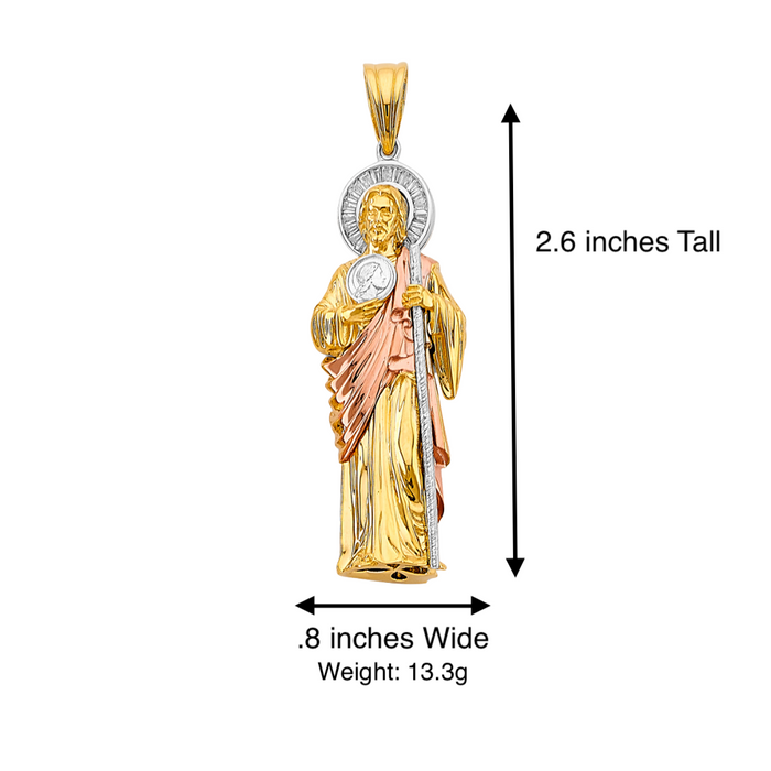 14k Gold San Judas Chain - Large 3D Full Body Tri Tone Gemstone Halo Gold San Judas Pendant - Solid Chain - LE3161