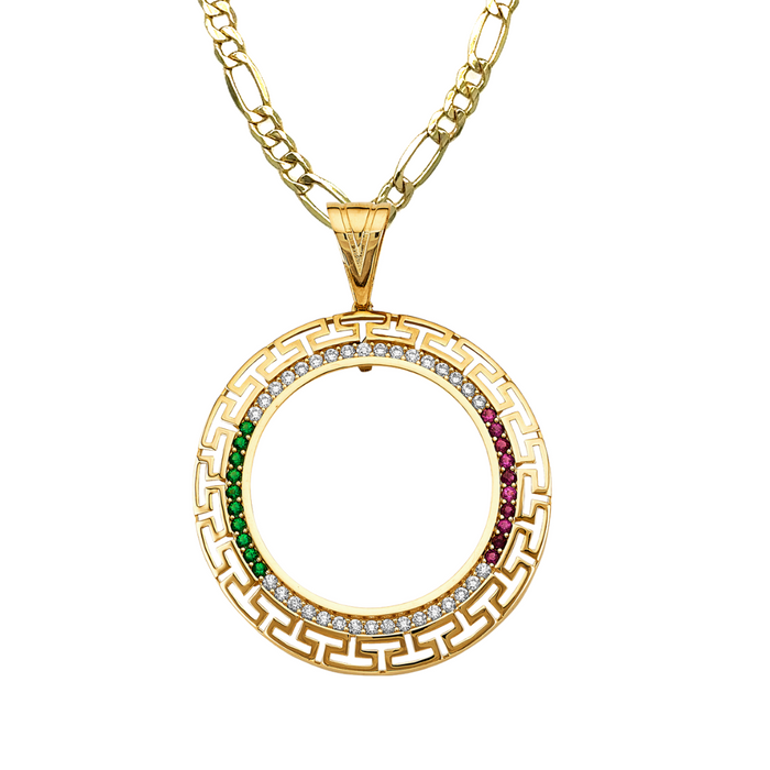 14k Gold Centenario De Oro Necklace - Red White Green Gemstone Bezel - Solid Figaro Chain - LE2751