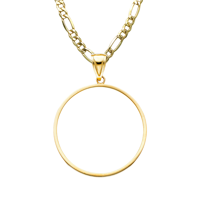 14k Gold Centenario De Oro Necklace - High Polish Bezel - Solid Figaro Chain - LE2066