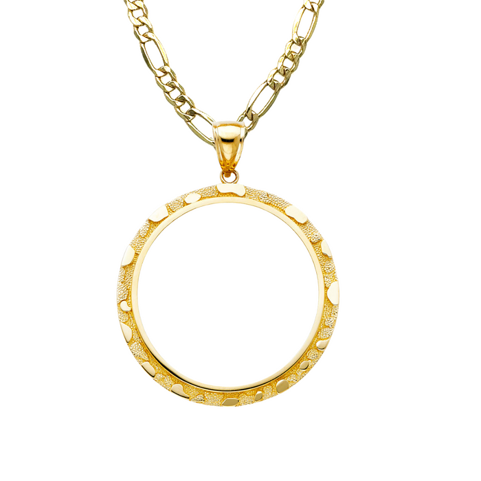 14k Gold Centenario De Oro Necklace - Nugget Design Bezel - Solid Figaro Chain - LE2067