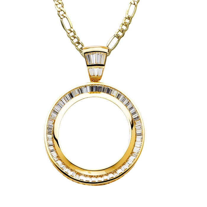 14k Gold Centenario De Oro Necklace - High Polish Baguette Gemstone Bezel - Solid Figaro Chain - LE2061