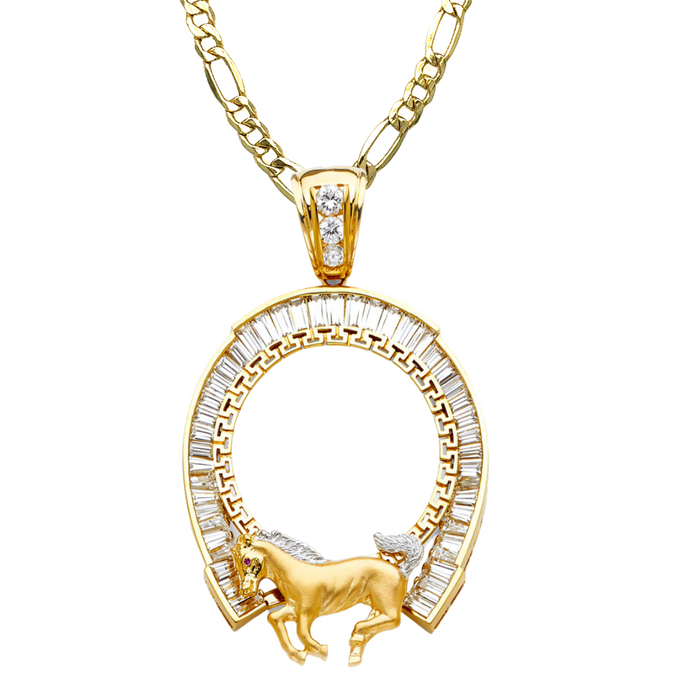 14k Gold Centenario De Oro Necklace - Two Tone Herradura Gemstone Bezel - Solid Figaro Chain - LE2058