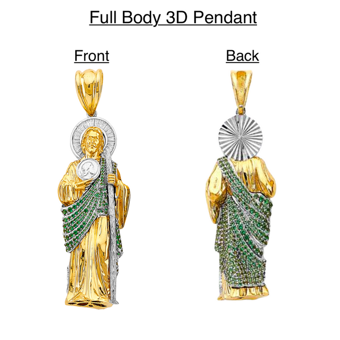 14k Gold San Judas Chain - XLarge 3D Full Body Green Gemstone Gold San Judas Pendant - Solid Chain - LE3168