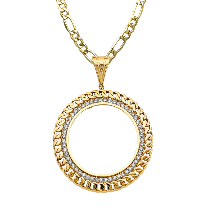 14k Gold Centenario De Oro Necklace - Cuban Link Gemstone Bezel - Solid Figaro Chain - LE2752