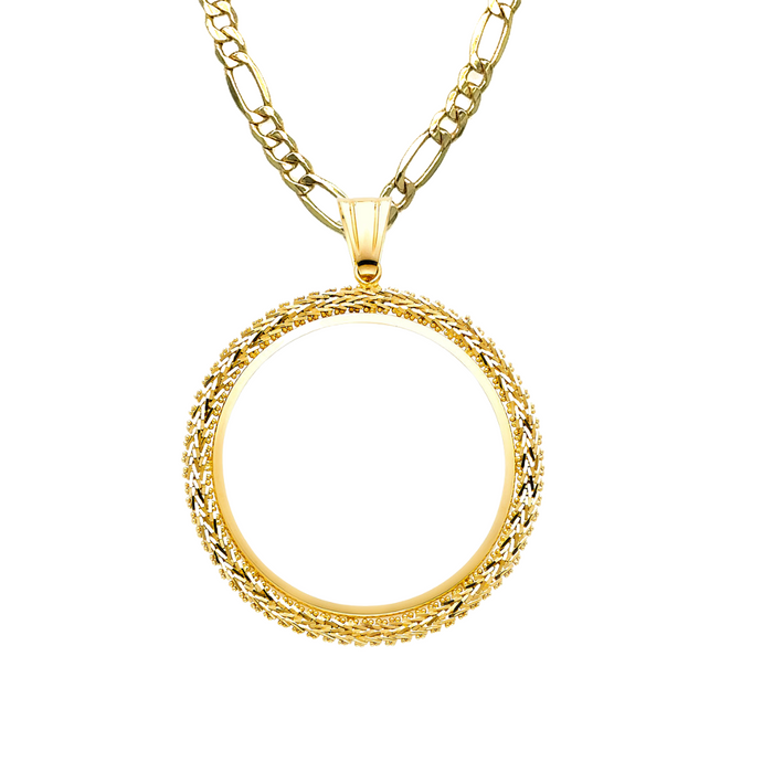 14k Gold Centenario De Oro Necklace - Woven Design Bezel - Solid Figaro Chain - LE2122