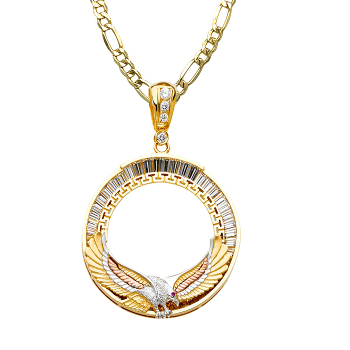 14k Gold Centenario De Oro Necklace - Tri Tone Eagle Gemstone Bezel - Solid Figaro Chain - LE2059