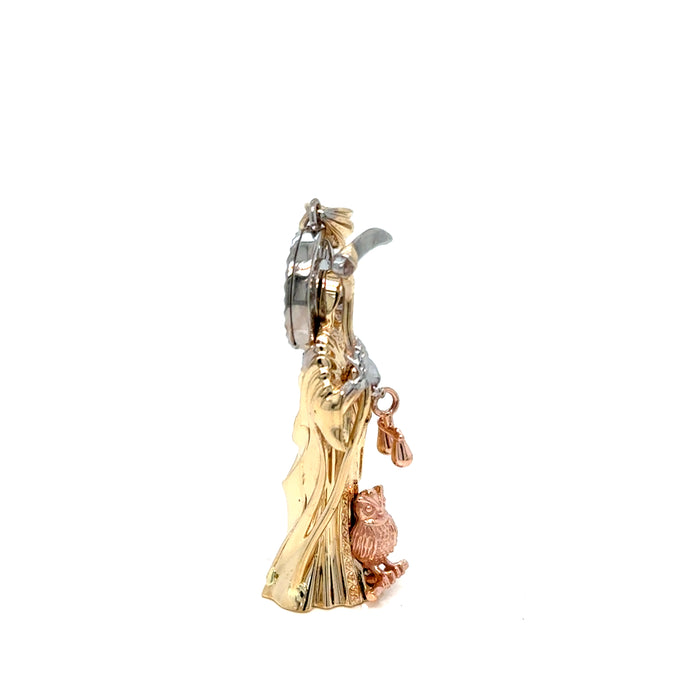 14k Gold Santa Muerte Necklace - 3D Full Body Gemstone Halo Santa Muerte Gold Pendant - Solid Chain - LE3010