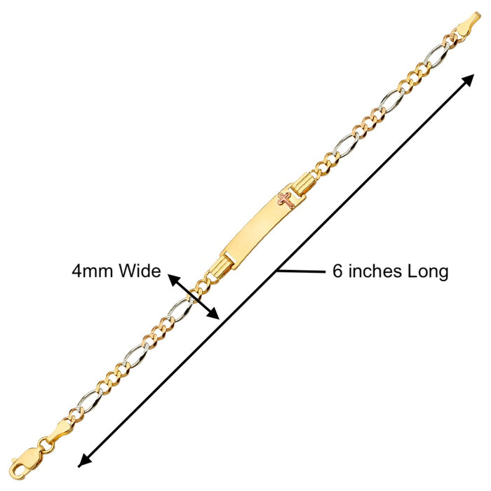 Gold Baby ID Bracelet 14k – Custom Name Plate with Cross - Raised Lettering - Solid Tri Color Figaro Chain