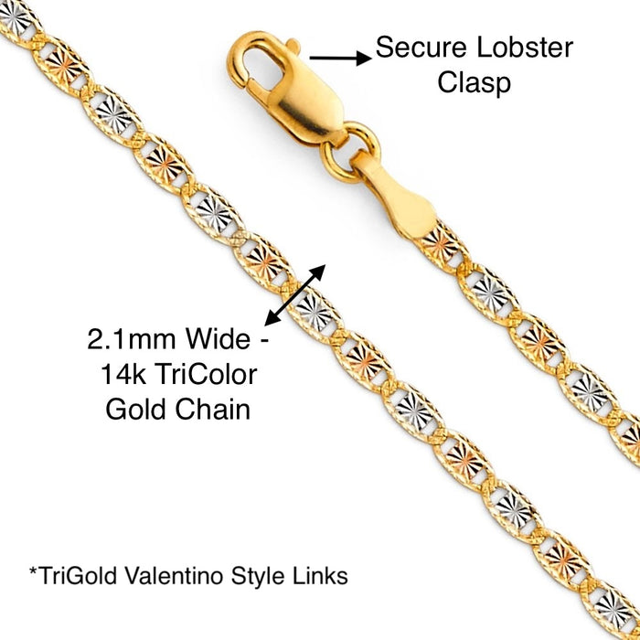14k Gold Heart Necklace - Tri Tone Flower Gold Heart Pendant - Solid Chain - LE0395