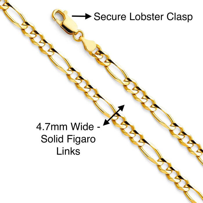 14k Gold Cross Necklace - Gemstone Large Gold Crucifix - Solid Figaro Chain - LE1217
