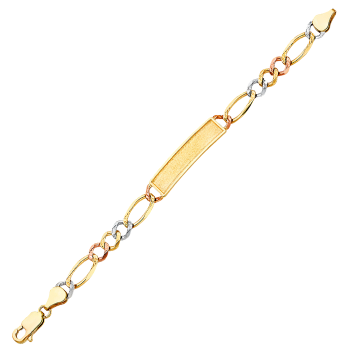 Gold Baby ID Bracelet 14k – Custom Name Plate - Raised Lettering - Extra Wide TriColor Figaro Chain