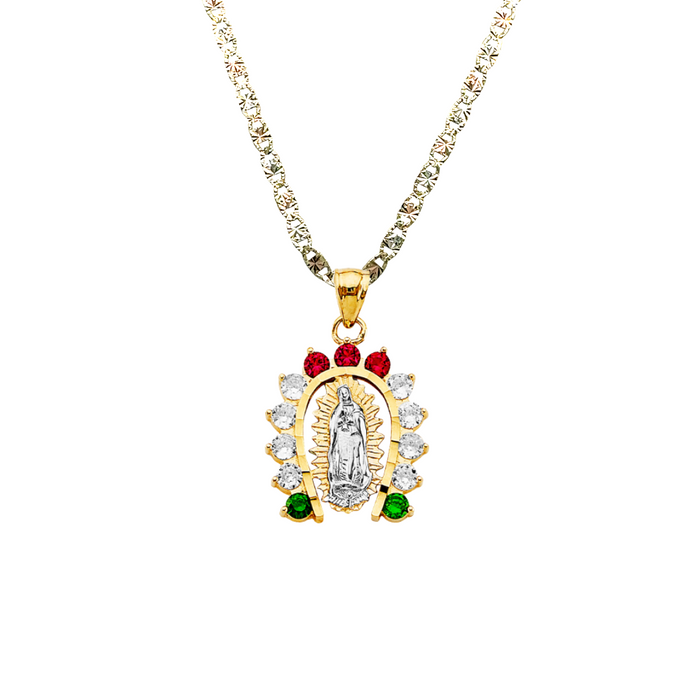 14k Gold Virgin Mary Necklace - Colored Gemstone Horseshoe Virgin Mary Gold Pendant - Solid Chain - LE2950