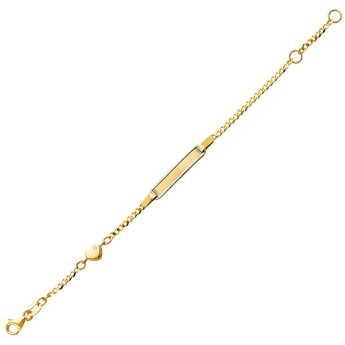 Gold Baby ID Bracelet 14k – Custom Name Plate - Raised Lettering - Solid Cuban Link Chain with Gemstone Heart