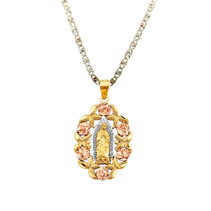 14k Gold Virgin Mary Necklace - Tri Tone Roses Virgin Mary Gold Pendant - Solid Chain - LE2949