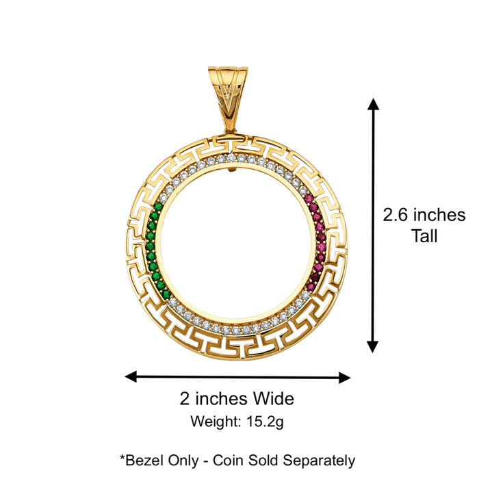 14k Gold Centenario De Oro Necklace - Red White Green Gemstone Bezel - Solid Figaro Chain - LE2751