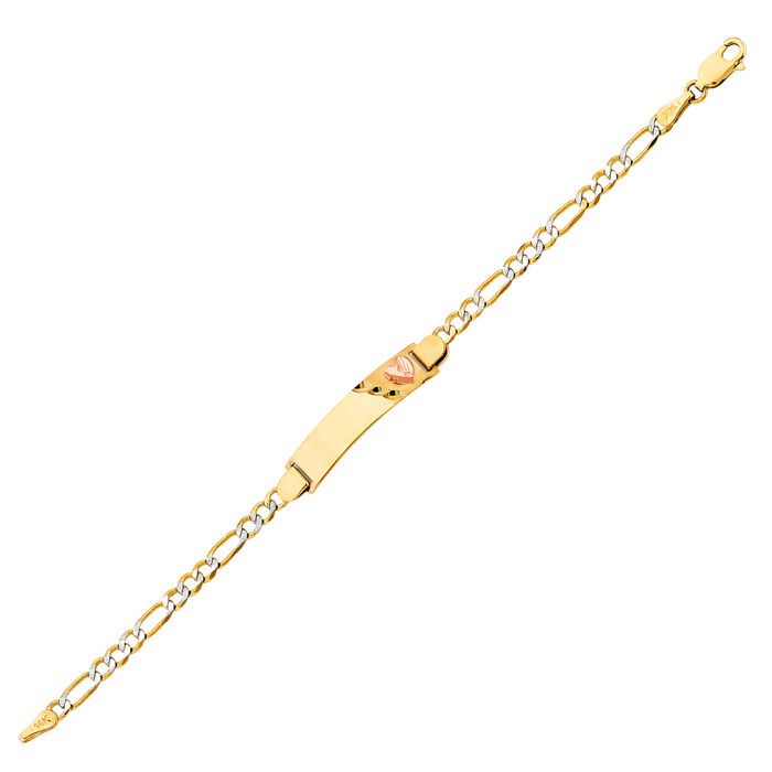 Gold Baby ID Bracelet 14k – Custom Name Plate with Diamond Cut Heart - Raised Lettering - Solid Diamond Cut Figaro Chain