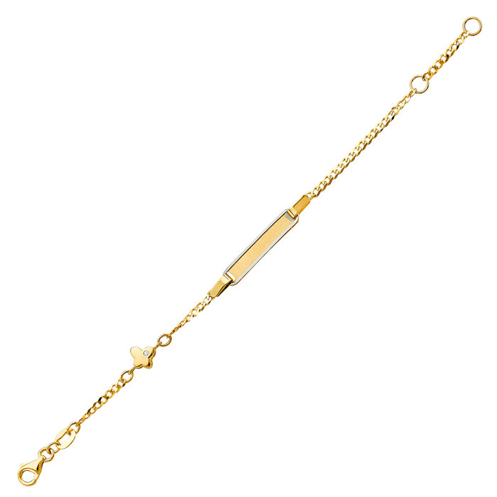 Gold Baby ID Bracelet 14k – Custom Name Plate - Raised Lettering - Solid Cuban Link Chain with Gemstone Butterfly