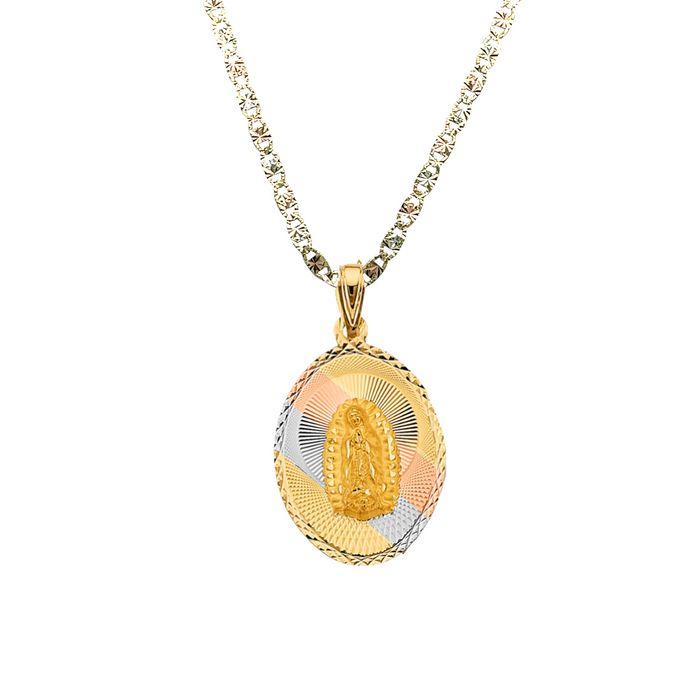 14k Gold Virgin Mary Necklace - Tri Tone Diamond Cut Double Sided Virgin Mary Sacred Heart Gold Pendant - Solid Chain - LE3149