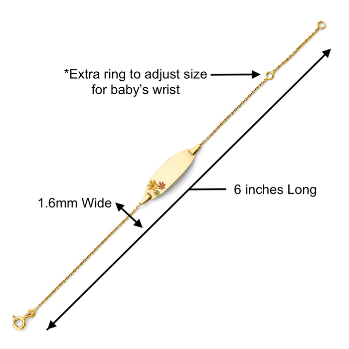 Gold Baby ID Bracelet 14k – Custom Name Plate with Colored Flowers - Raised Lettering - Rolo Chain