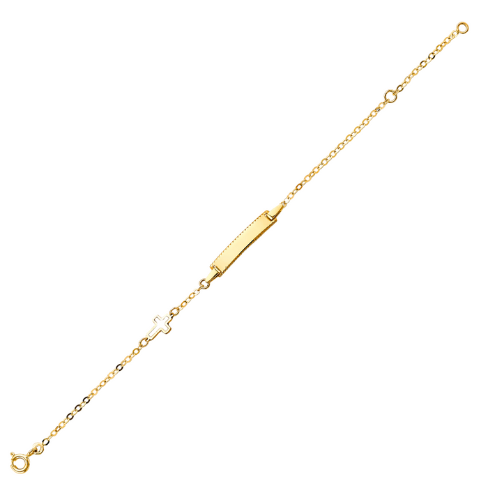 Gold Baby ID Bracelet 14k – Custom Name Plate with Cross - Raised Lettering - Solid Rolo Chain