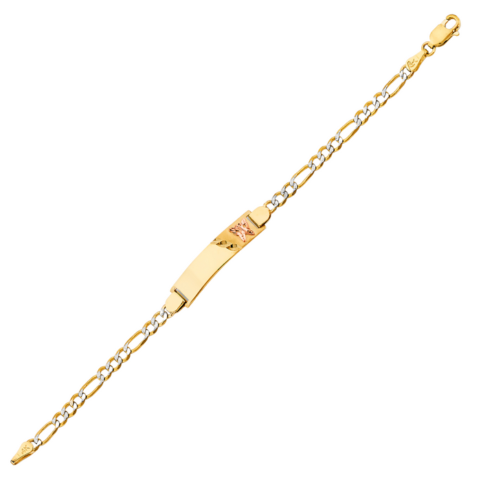 Gold Baby ID Bracelet 14k – Custom Name Plate with Diamond Cut Butterfly - Raised Lettering - Solid Diamond Cut Figaro Chain
