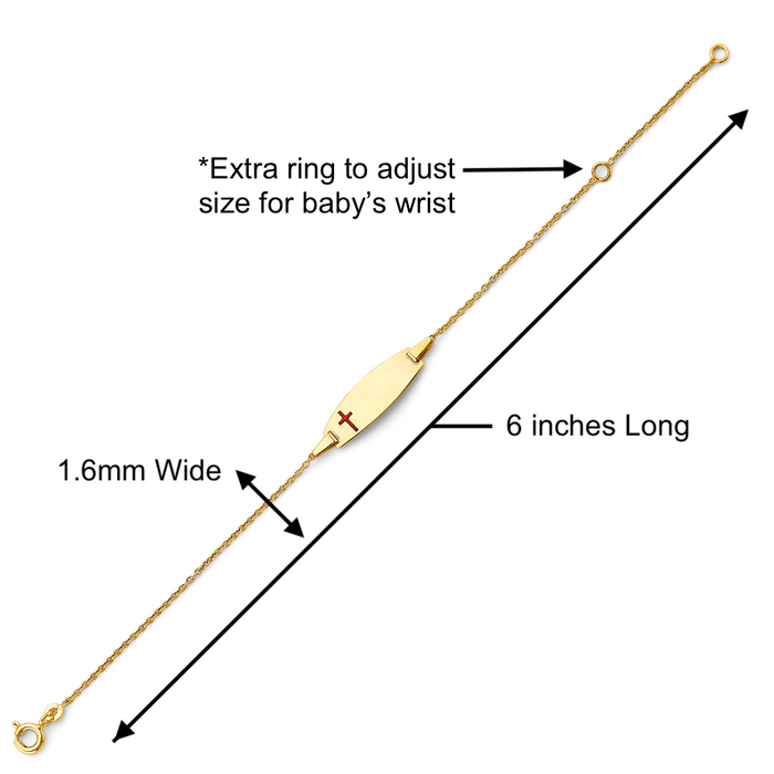Gold Baby ID Bracelet 14k – Custom Name Plate with Cross - Raised Lettering - Solid Rolo Chain