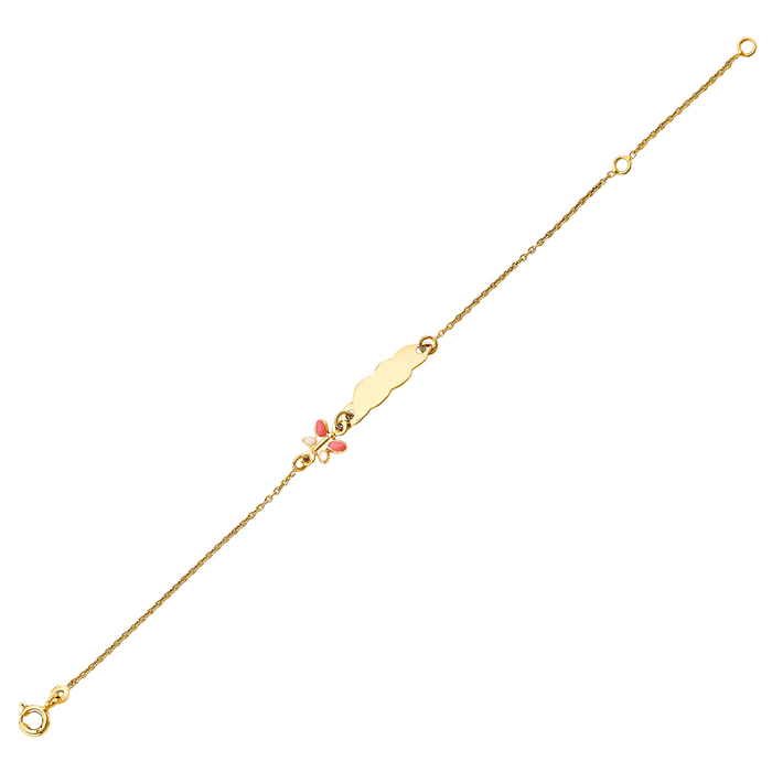 Gold Baby ID Bracelet 14k – Custom Name Plate with Butterfly - Raised Lettering - Solid Rolo Chain