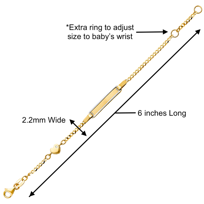 Gold Baby ID Bracelet 14k – Custom Name Plate - Raised Lettering - Solid Cuban Link Chain with Gemstone Heart