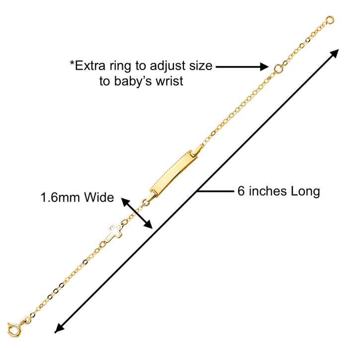 Gold Baby ID Bracelet 14k – Custom Name Plate with Cross - Raised Lettering - Solid Rolo Chain