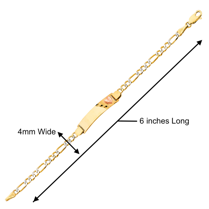 Gold Baby ID Bracelet 14k – Custom Name Plate with Diamond Cut Heart - Raised Lettering - Solid Diamond Cut Figaro Chain