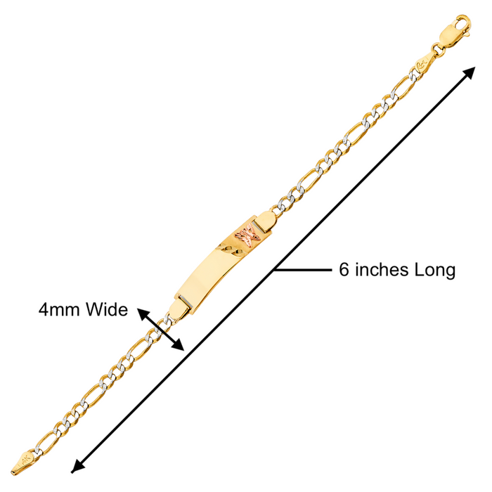 Gold Baby ID Bracelet 14k – Custom Name Plate with Diamond Cut Butterfly - Raised Lettering - Solid Diamond Cut Figaro Chain