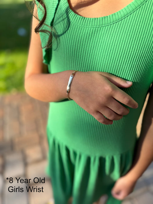 Gold Baby ID Bracelet 14k – Custom Name Plate - Raised Lettering - Solid Diamond Cut Figaro Chain